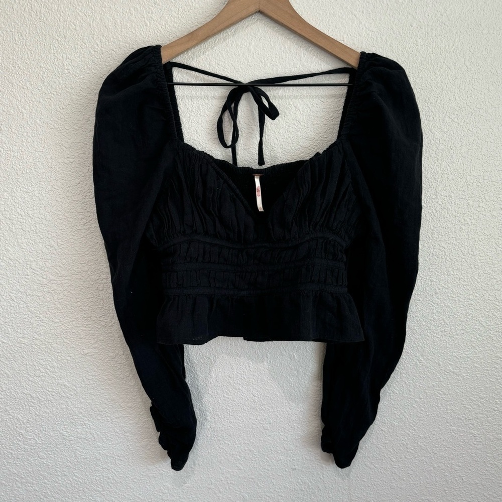 Free People Women's Small Black Chloe Puff Sleeve Blouse